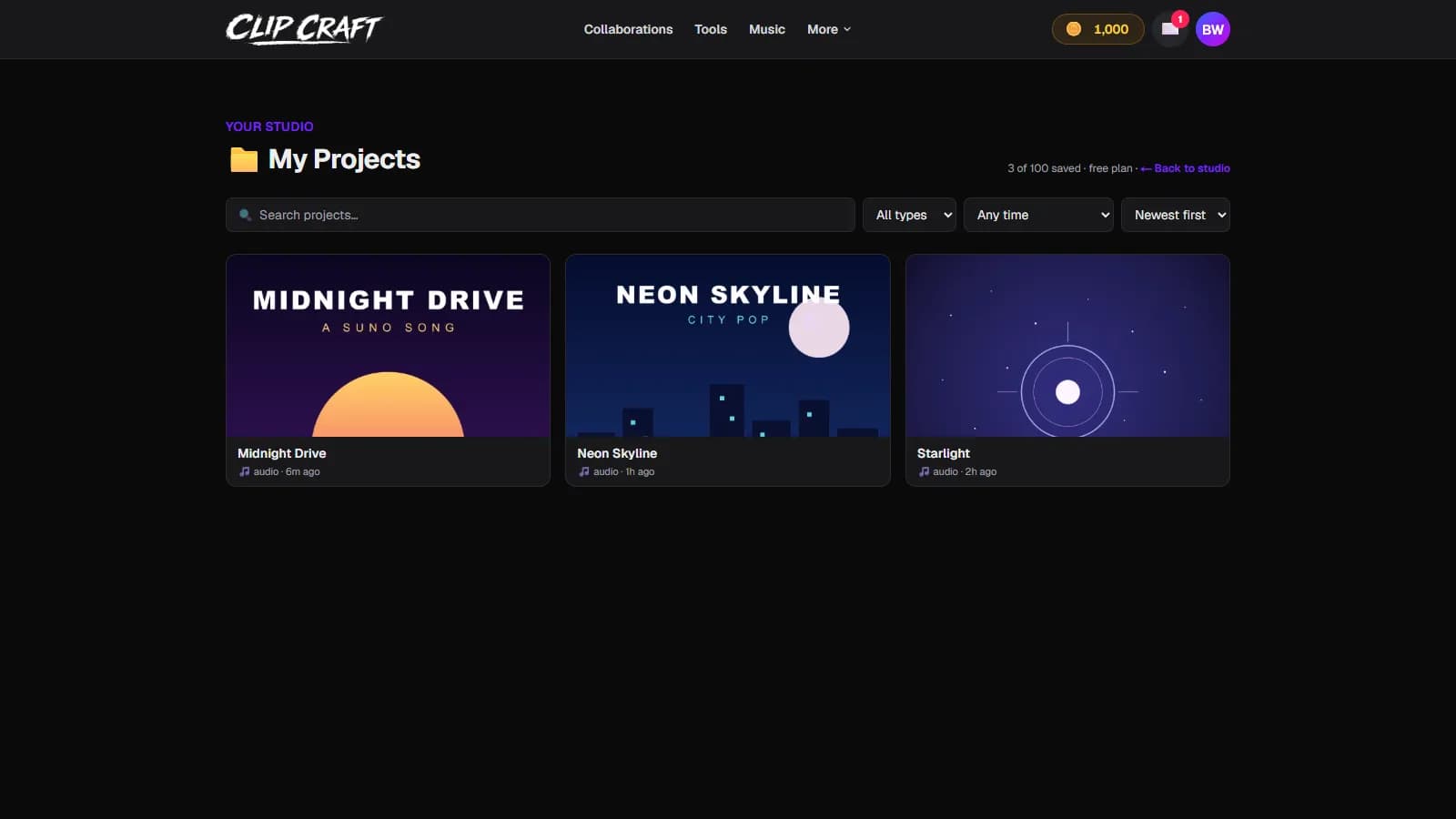 Three songs in ClipCraft's My Projects page, each with its own square cover art