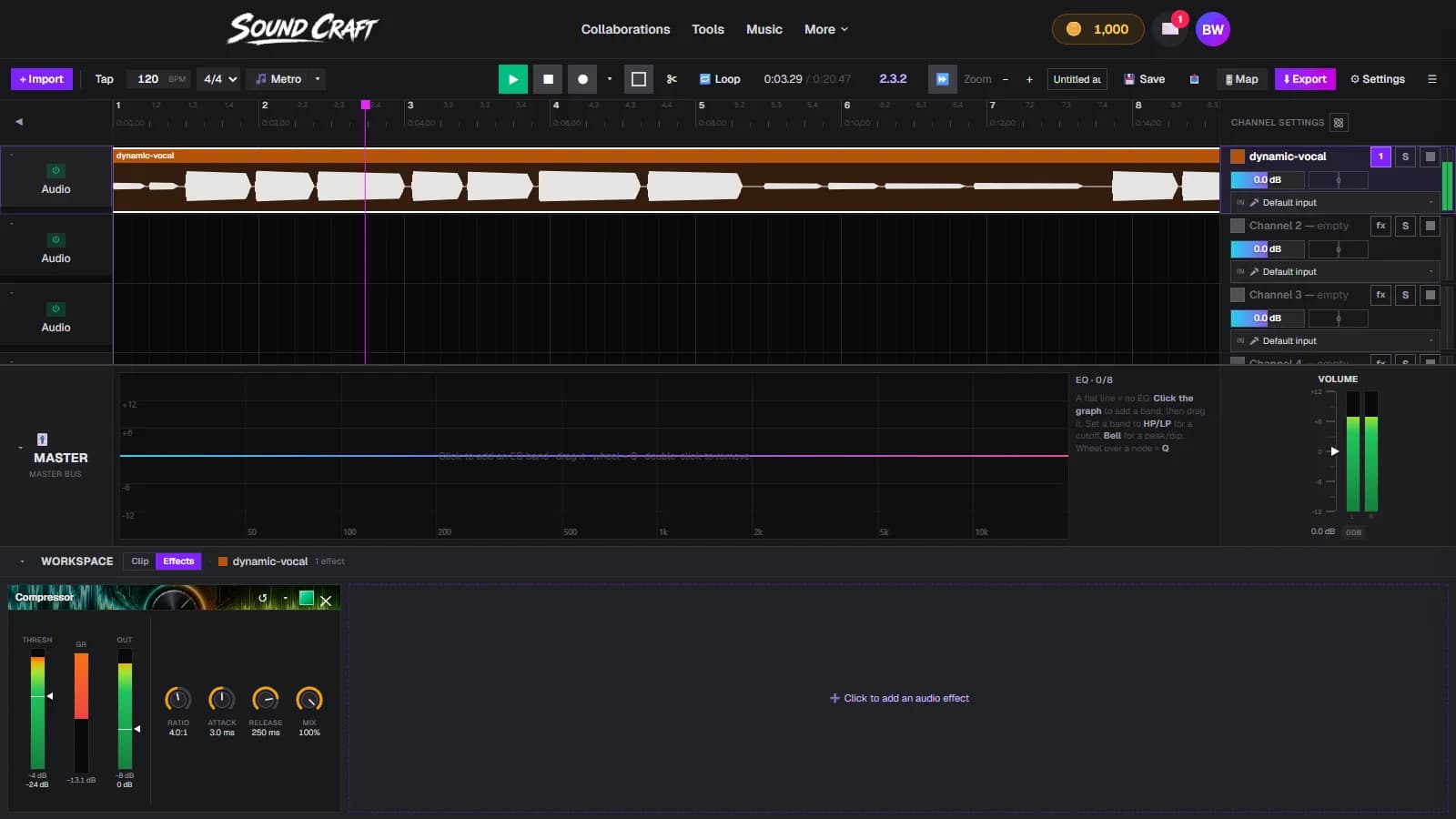 SoundCraft's Compressor open on a vocal channel during playback, with the gain-reduction meter lit and ratio, attack, release and mix knobs