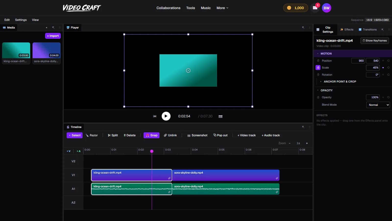 ClipCraft vs VEED: the VideoCraft timeline with keyframe animation on a clip and the keyframe editor open below the player