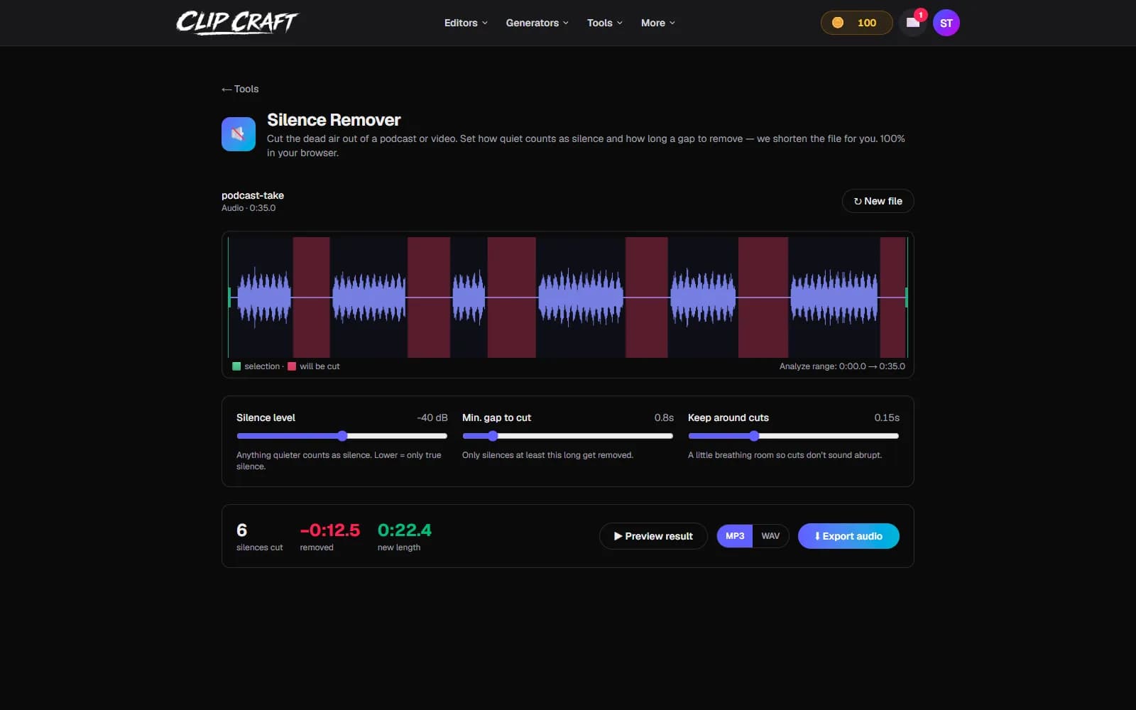 A Descript alternative: the ClipCraft Silence Remover with a podcast waveform, silences shaded red, and sliders for level, gap and padding