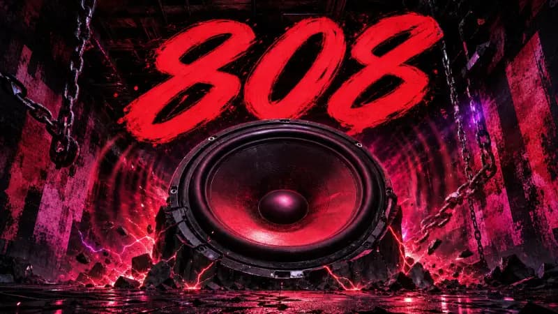 Free 808 pack cover art — a subwoofer blasting red shockwaves in a dark room hung with chains