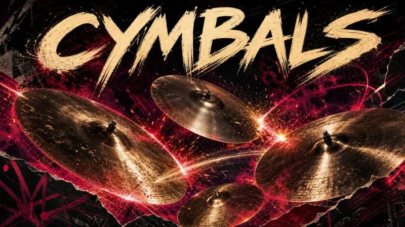 Free cymbal samples cover art — crash and ride cymbals flying through gold and red sparks