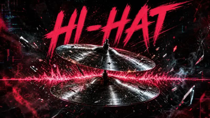 Free hi-hat samples cover art — a pair of hi-hat cymbals slicing through a red waveform