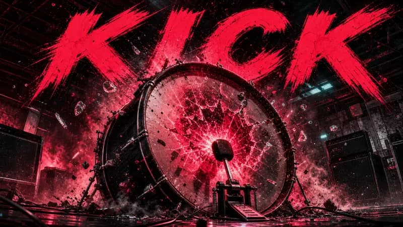 Free kick drum samples cover art — a giant bass drum head shattering with a red energy burst