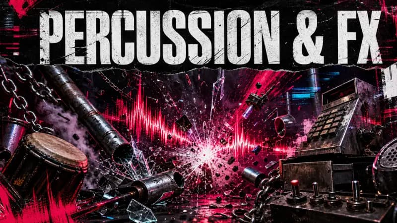 Free percussion and FX samples cover art — a hand drum, cash register and metal junk exploding around a red waveform