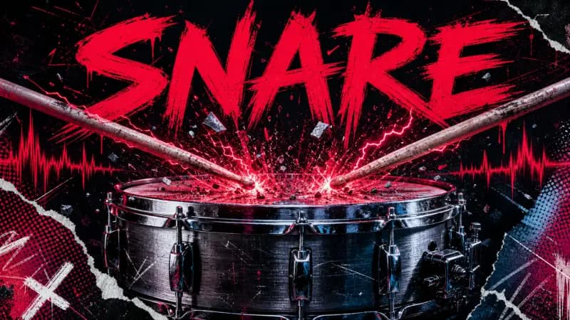Free snare samples cover art — two drumsticks cracking a steel snare drum in a shower of red sparks