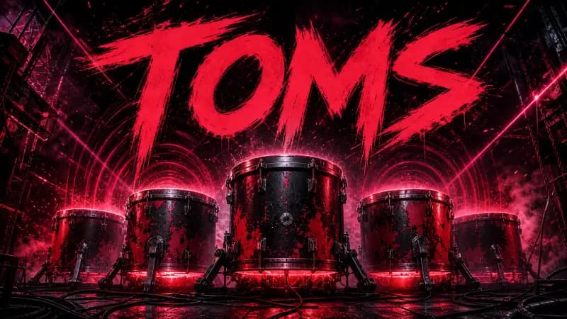 Free tom samples cover art — a row of five toms glowing red on a dark stage