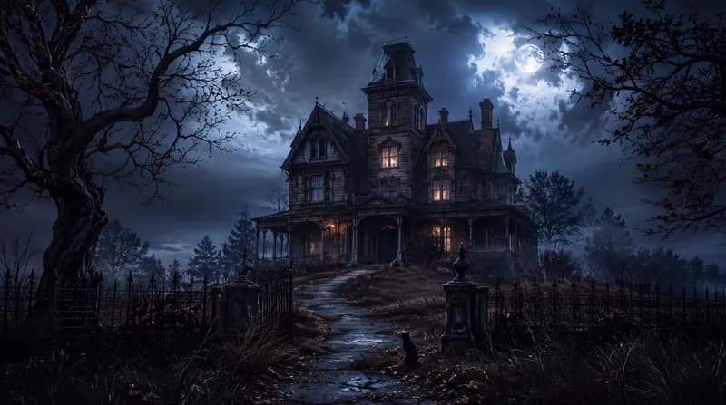 Haunted Mansion Cat Black cat on a winding path leading to a haunted Victorian mansion under a stormy full moon