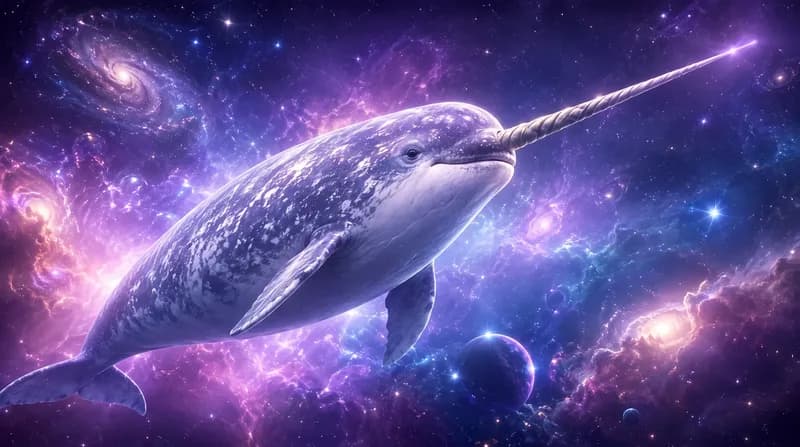 Cosmic Narwhal Fantasy narwhal flying through a purple galaxy with a glowing horn, surrounded by planets and stars