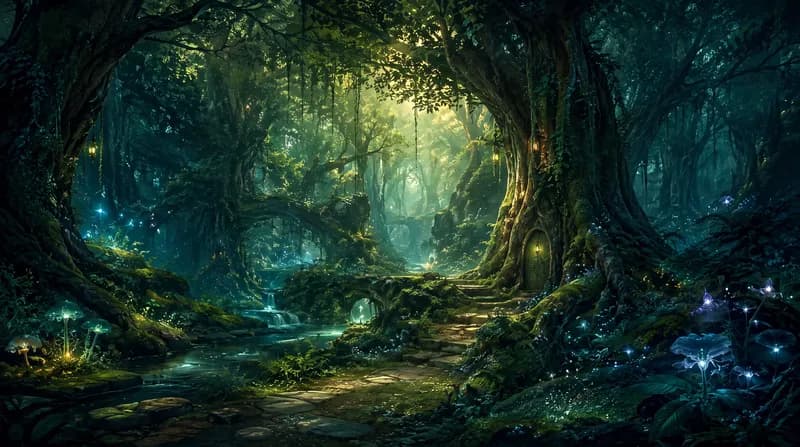 Enchanted Forest Enchanted ancient forest with mossy trees, a softly glowing stream and sunbeams through the canopy