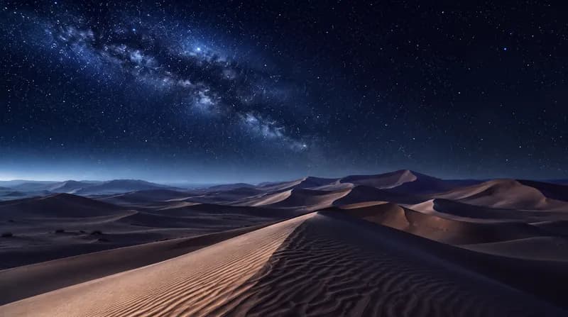 Milky Way Dunes Moonlit desert sand dunes beneath the arching Milky Way and a sky full of stars