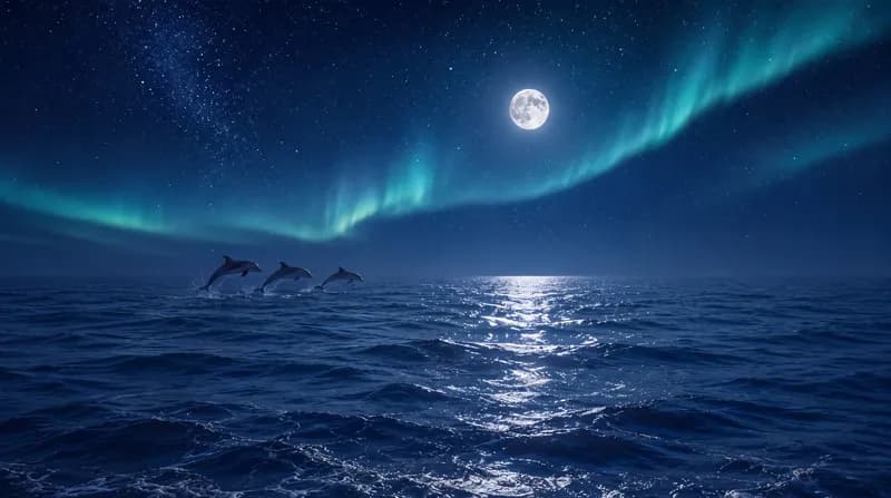 Aurora Dolphins Three dolphins leaping across a moonlit ocean beneath a green aurora and starry sky