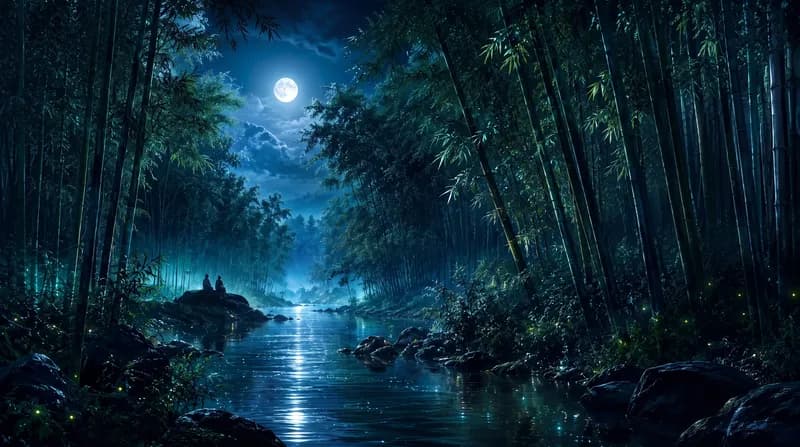 Firefly Bamboo River Two people sitting beside a moonlit river in a bamboo forest surrounded by fireflies