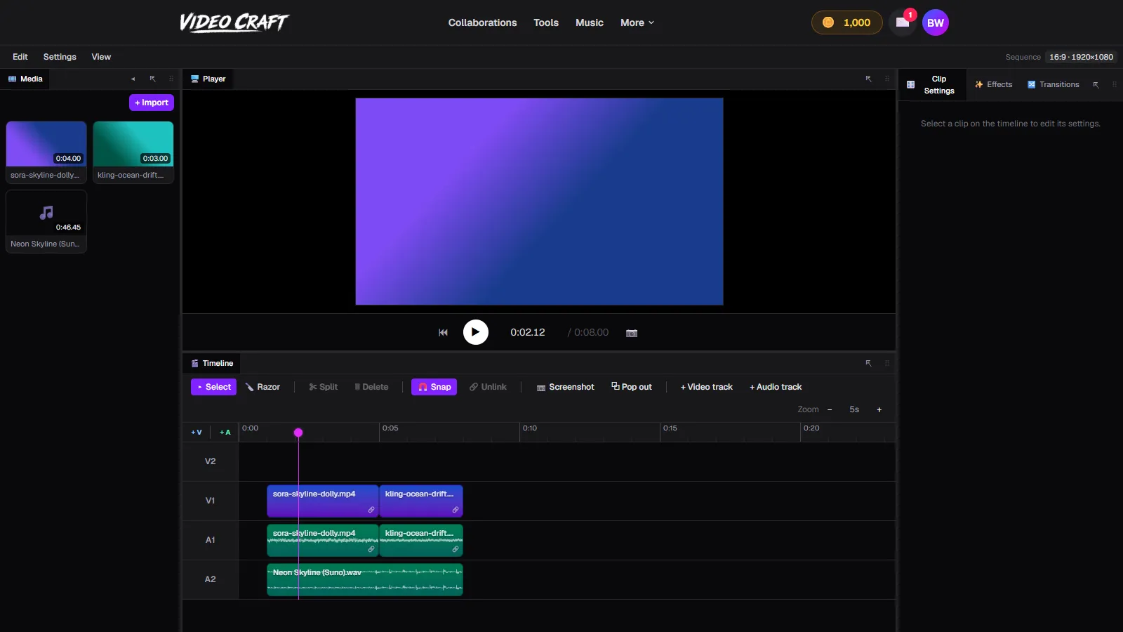 VideoCraft timeline with two video clips on V1, their linked audio on A1, and a trimmed music track on A2