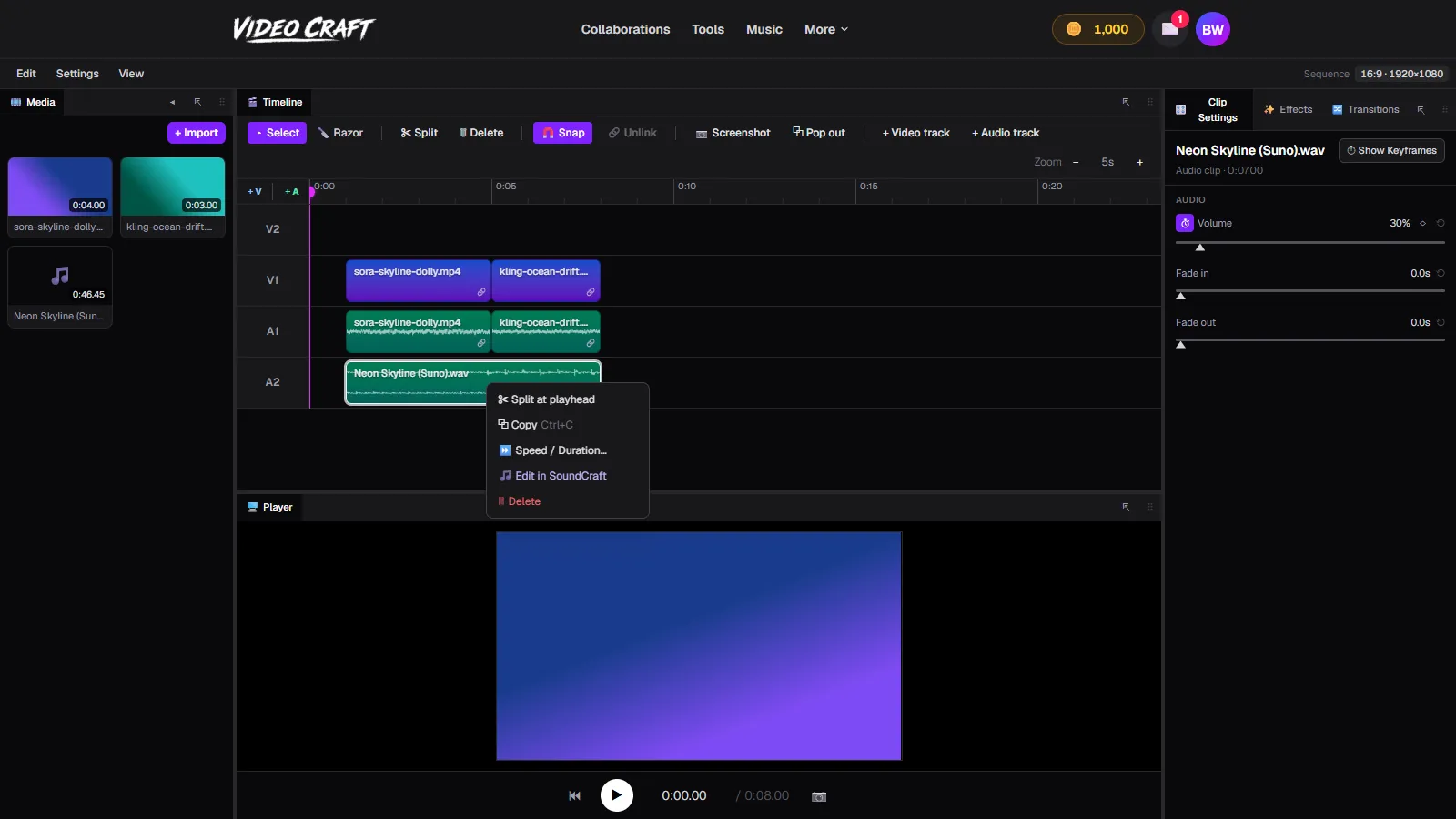 The right-click menu on a music clip in VideoCraft showing the Edit in SoundCraft option
