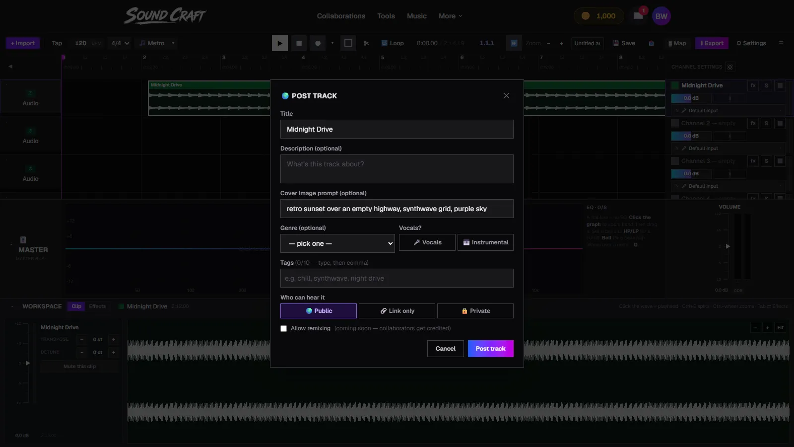 ClipCraft's Post track modal with the cover image prompt field filled in with a synthwave scene description