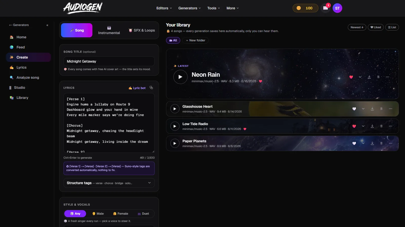AudioGen, an AI music generator with no watermark: the create page with a titled song, tagged lyric sheet and style prompt, and a library of finished tracks