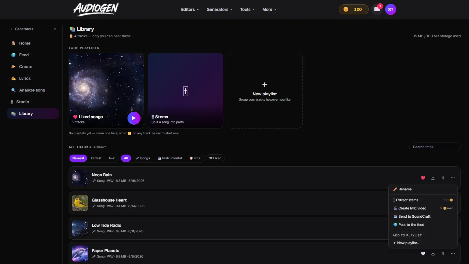 A track's menu in AudioGen showing rename, extract stems, create lyric video, send to SoundCraft, post to the feed, and playlists