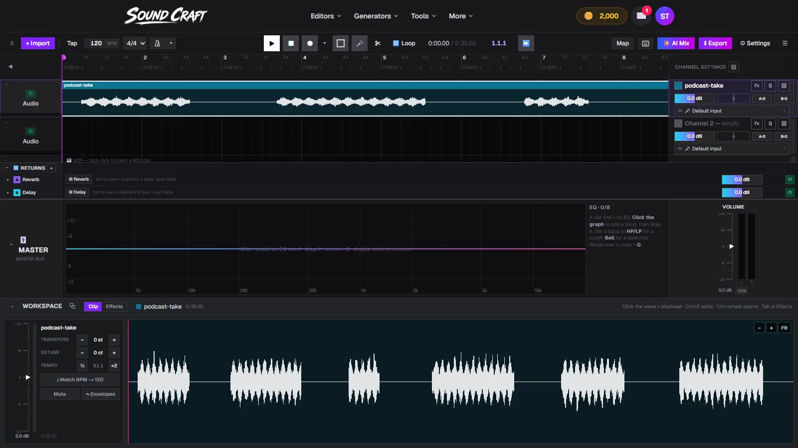 SoundCraft with a voice take on the timeline and its waveform open in the workspace for trimming and splitting