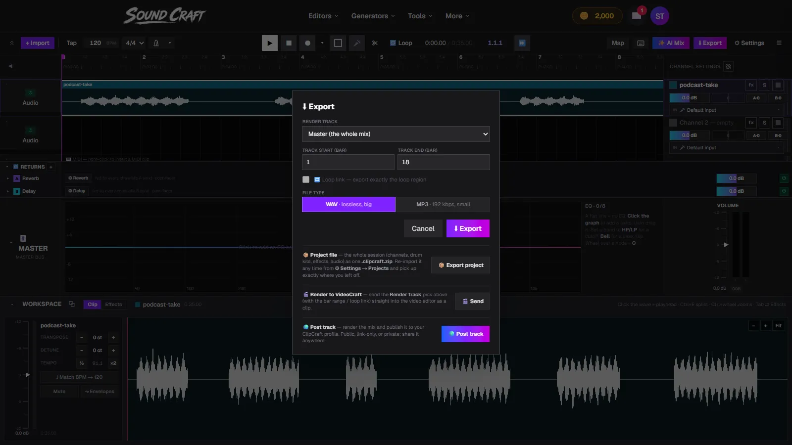 SoundCraft's export dialog with WAV and MP3 options, a bar range, project file export and render to VideoCraft
