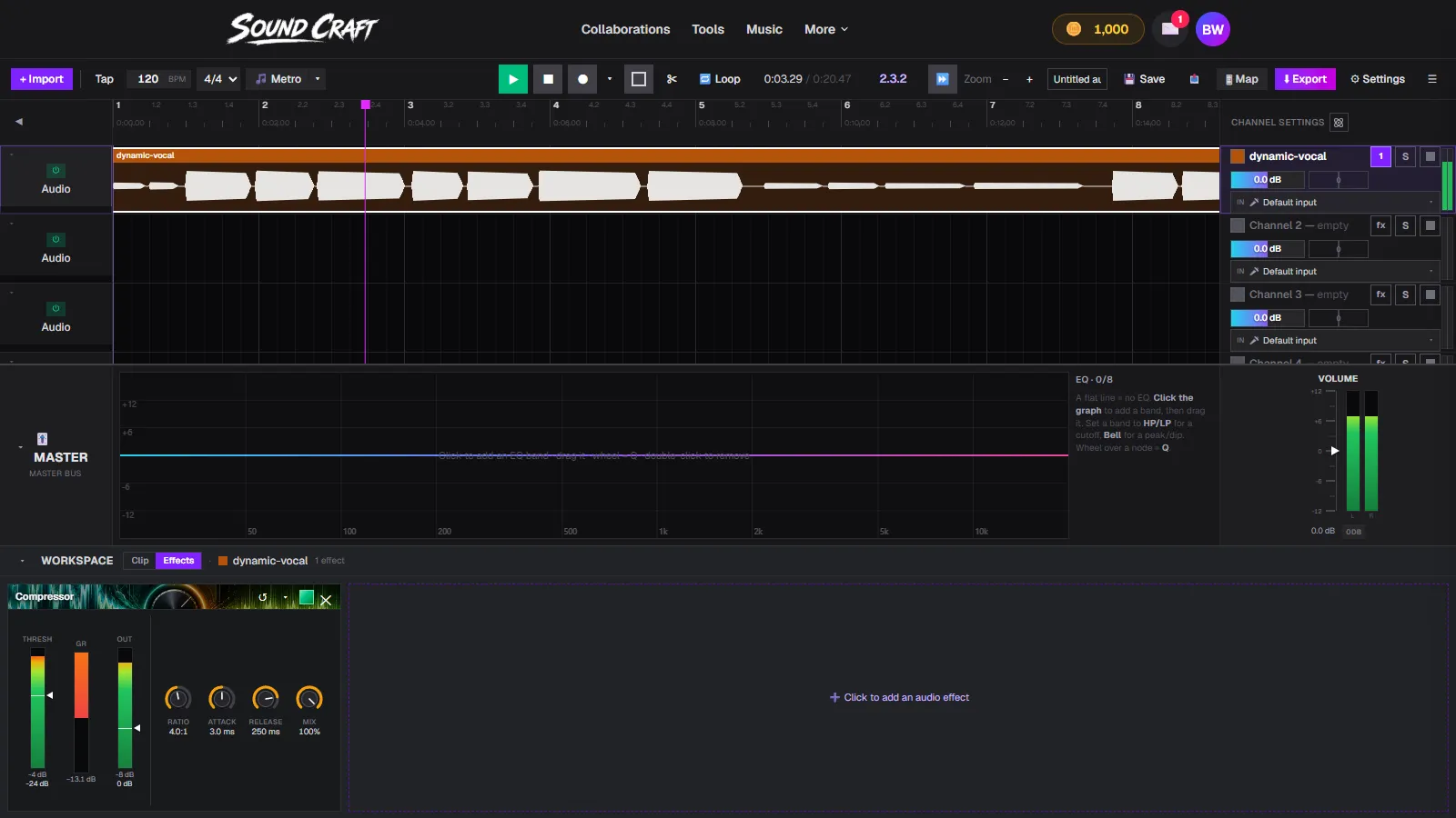 SoundCraft's Compressor open on a vocal channel during playback, with the gain-reduction meter lit and ratio, attack, release and mix knobs