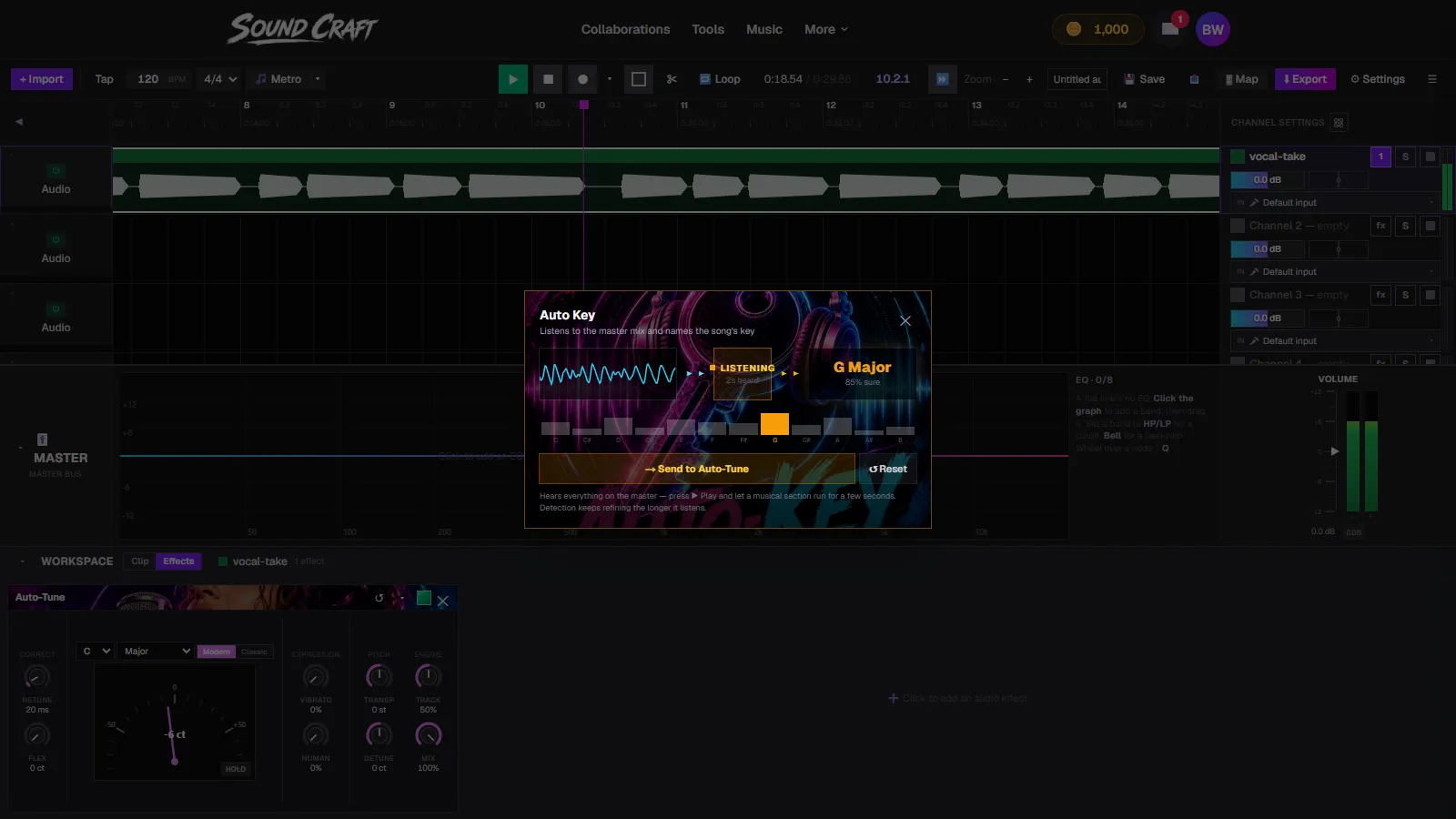 The Auto Key detector in SoundCraft naming a song's key as G major with 85 percent confidence