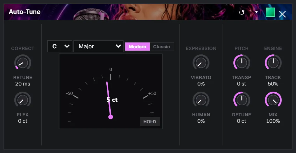 SoundCraft's Auto-Tune panel with the circular correction gauge, retune speed knob, and key and scale selectors
