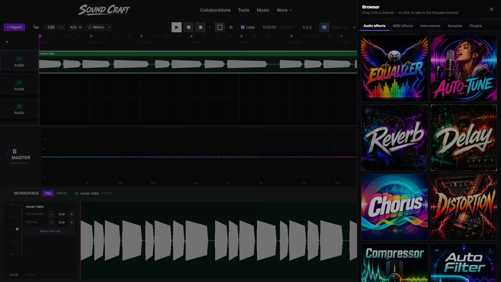 SoundCraft's effects rack open with the Auto-Tune tile among the 15 built-in effects