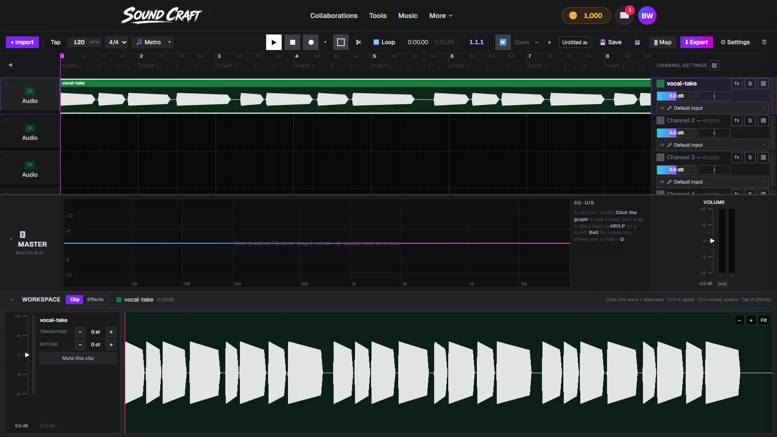 A vocal take loaded on a channel in SoundCraft with its waveform shown in the clip view