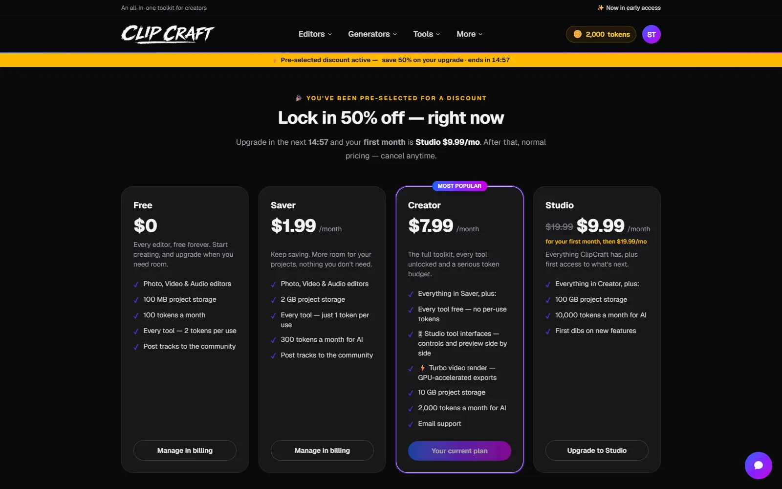 ClipCraft's pricing page with four plans where every editor is free and the tiers sell storage and tokens