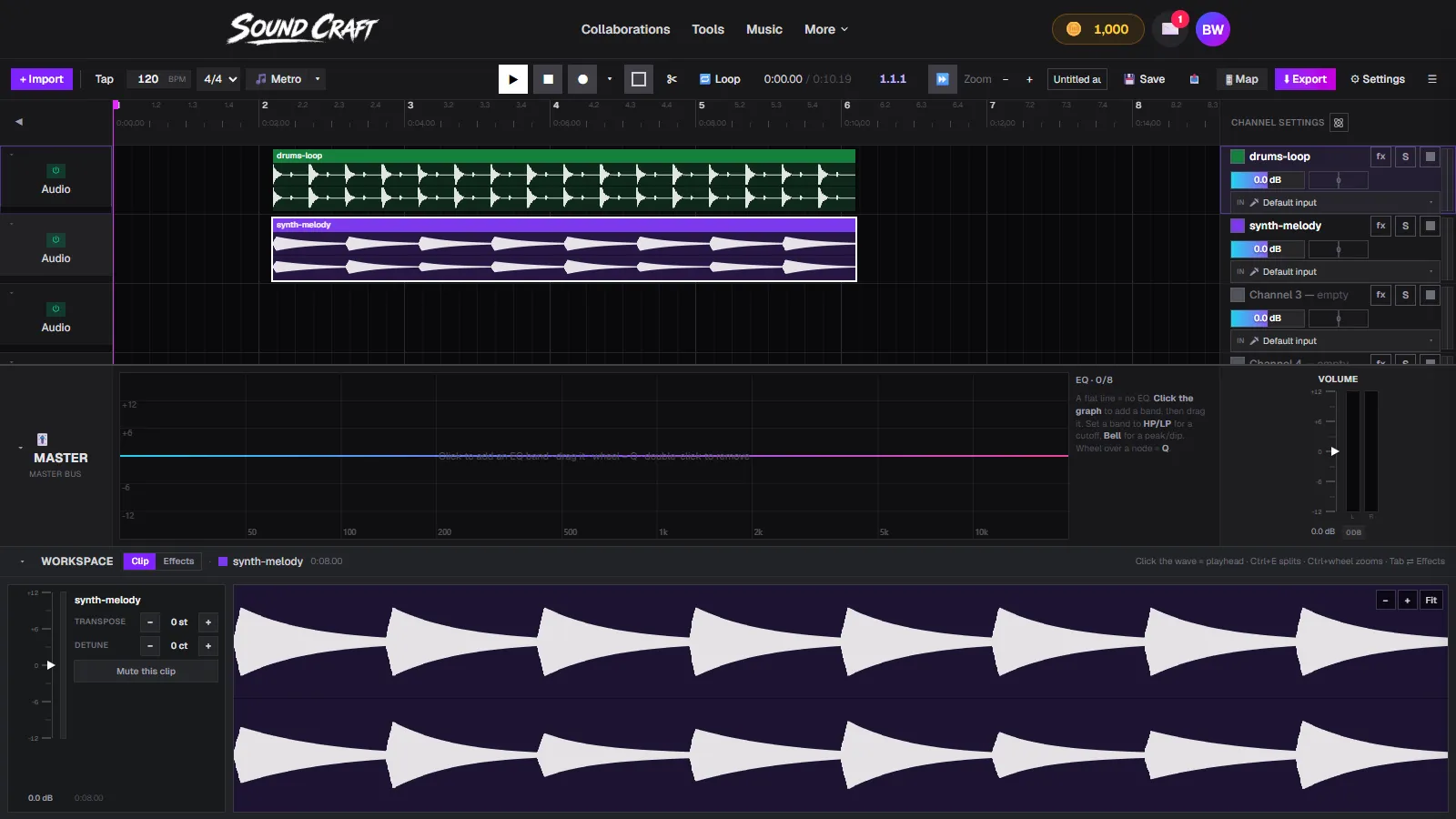 SoundCraft's multi-track timeline with a drum loop and a synth melody clip, master EQ, and channel strip