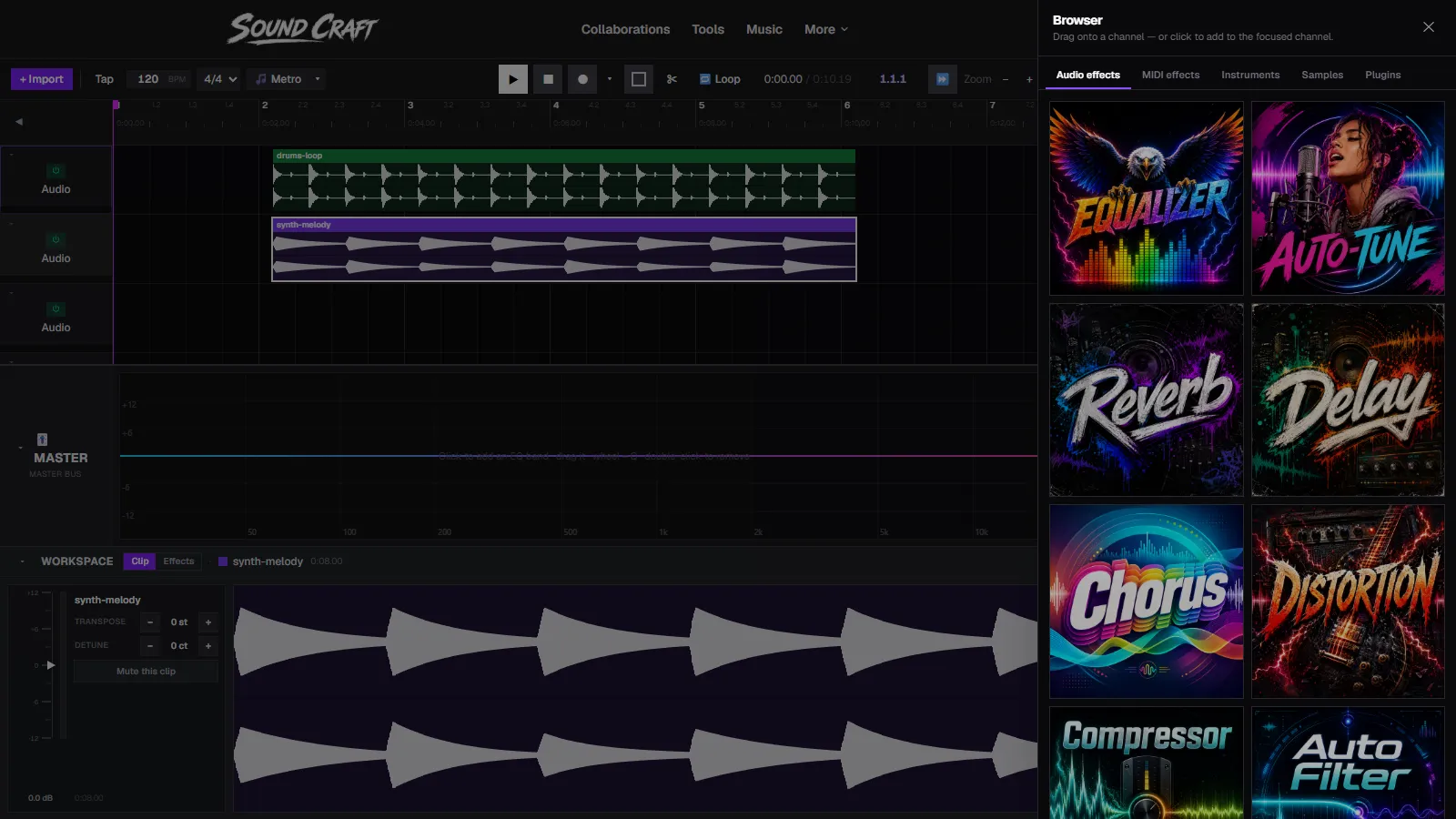 SoundCraft's effects browser with artwork tiles for Equalizer, Auto-Tune, Reverb, Delay, Chorus, and Distortion