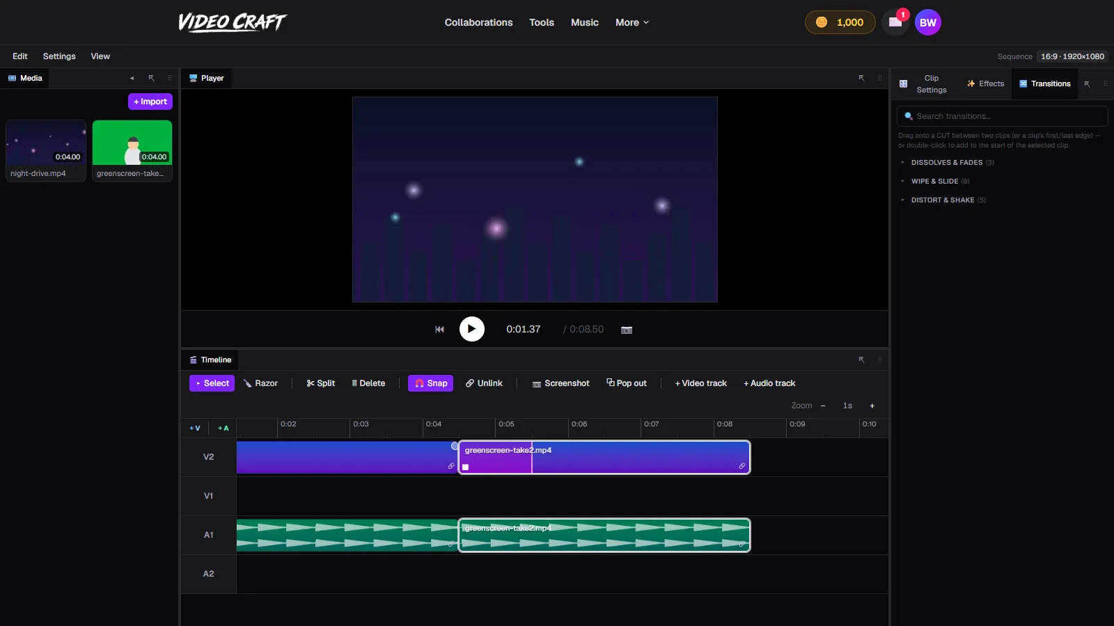 A cross dissolve transition applied at the cut between two clips in VideoCraft's free timeline