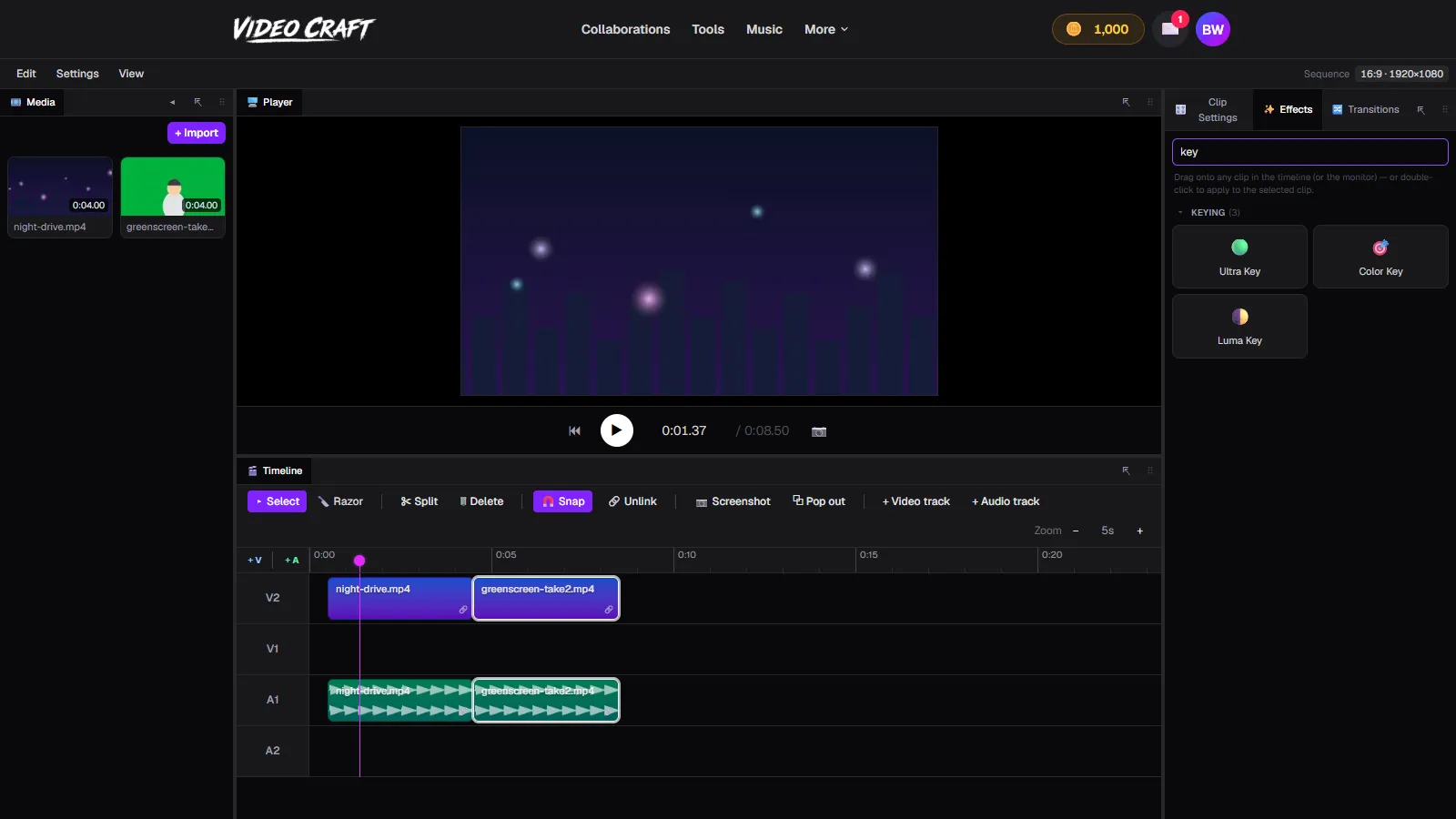 VideoCraft's Effects panel filtered to the Keying category showing Ultra Key, Color Key and Luma Key