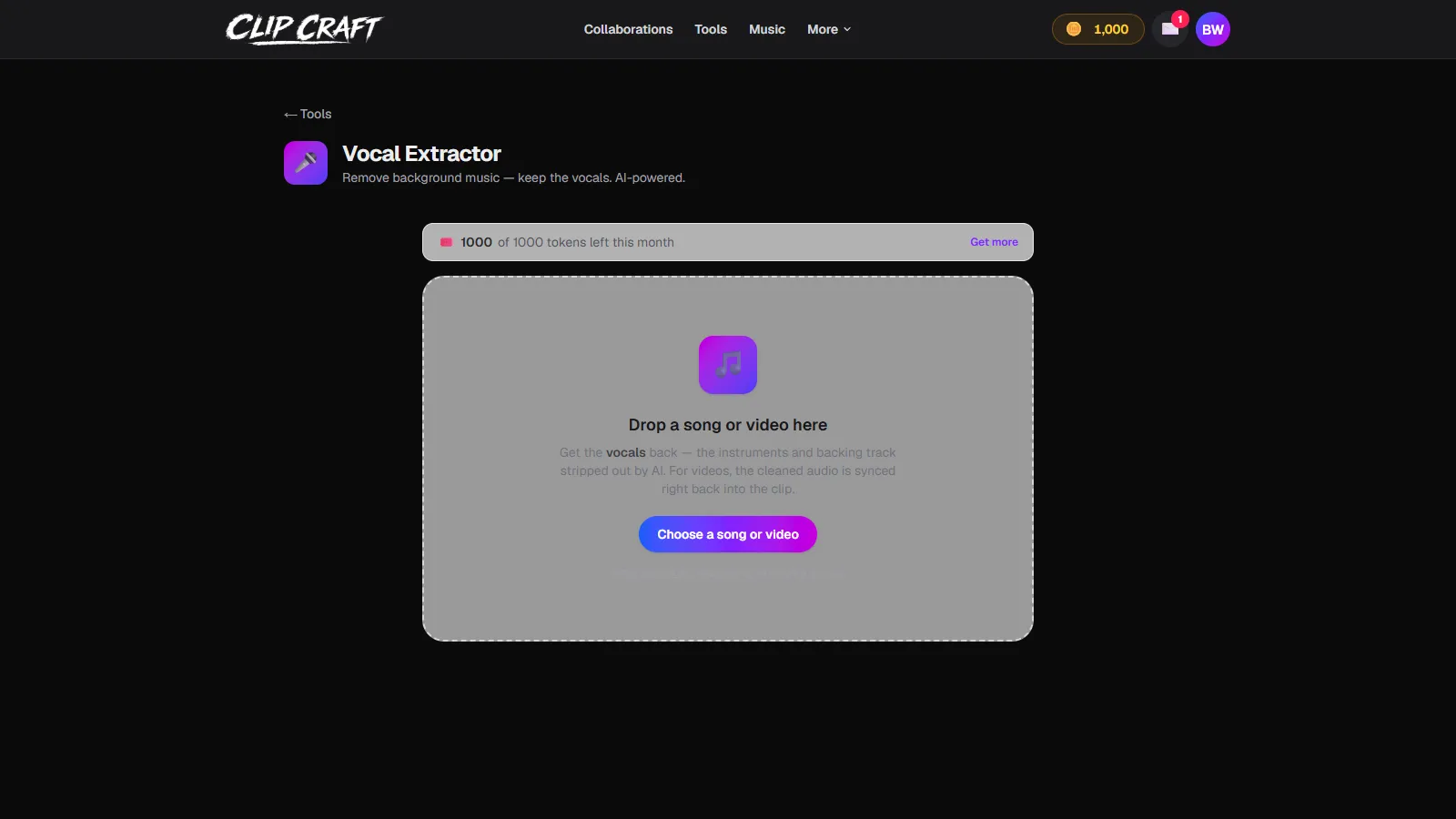 ClipCraft's Vocal Extractor tool showing its drop zone and monthly token meter