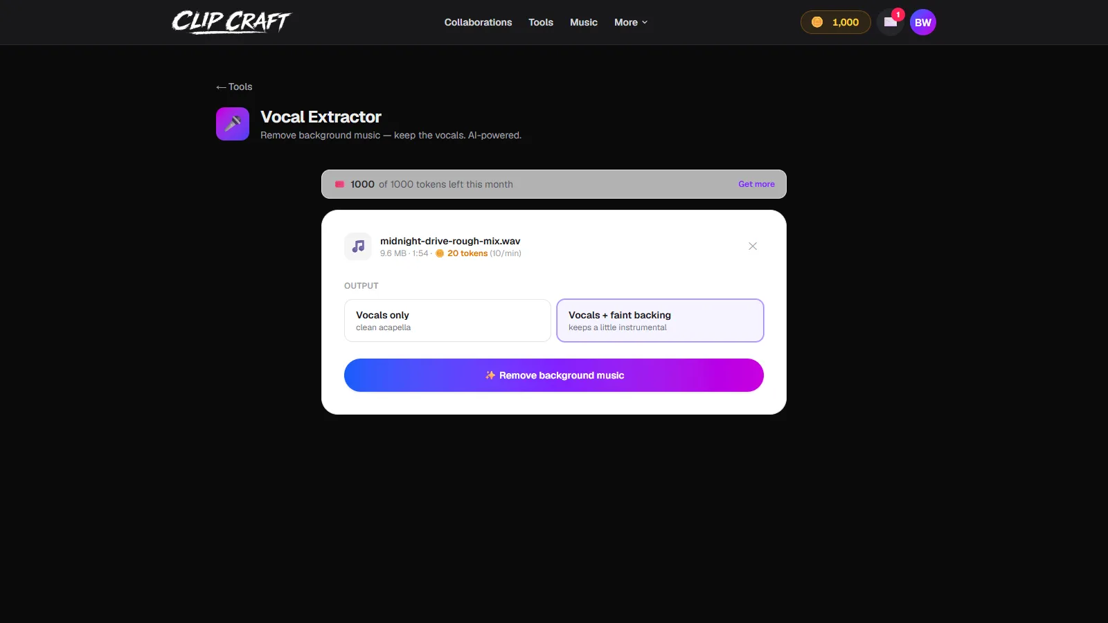 A 1:54 song loaded in ClipCraft's Vocal Extractor showing a 20 token cost and the vocals plus faint backing mode selected