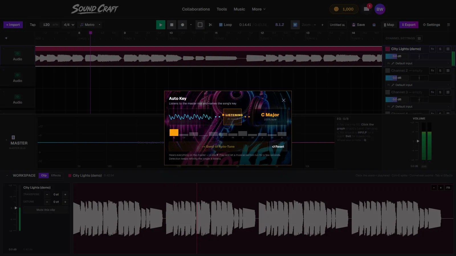 SoundCraft's Auto Key modal detecting C Major with 93 percent confidence while the song plays