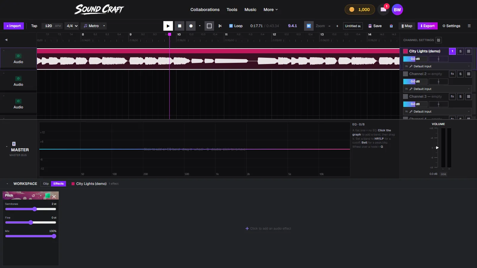 SoundCraft with a song on the timeline and the Pitch effect panel set to +2 semitones