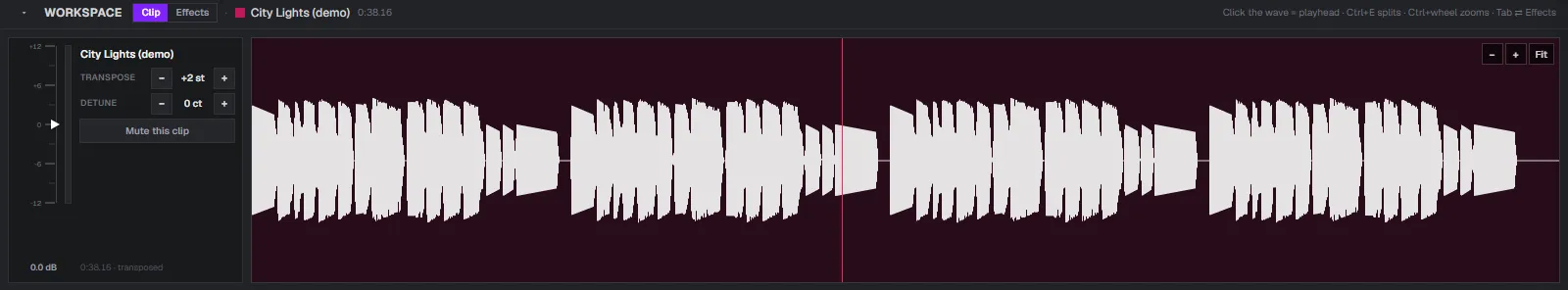 SoundCraft's Clip tab with the Transpose stepper at +2 semitones and the clip length shortened to 0:38