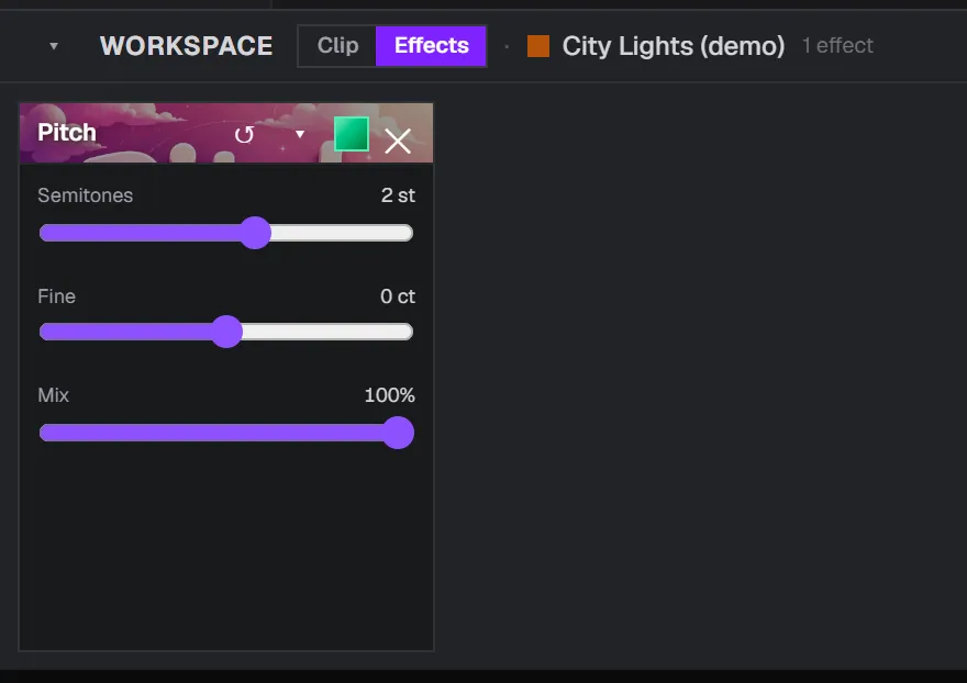 Closeup of SoundCraft's Pitch effect panel showing the Semitones, Fine, and Mix sliders