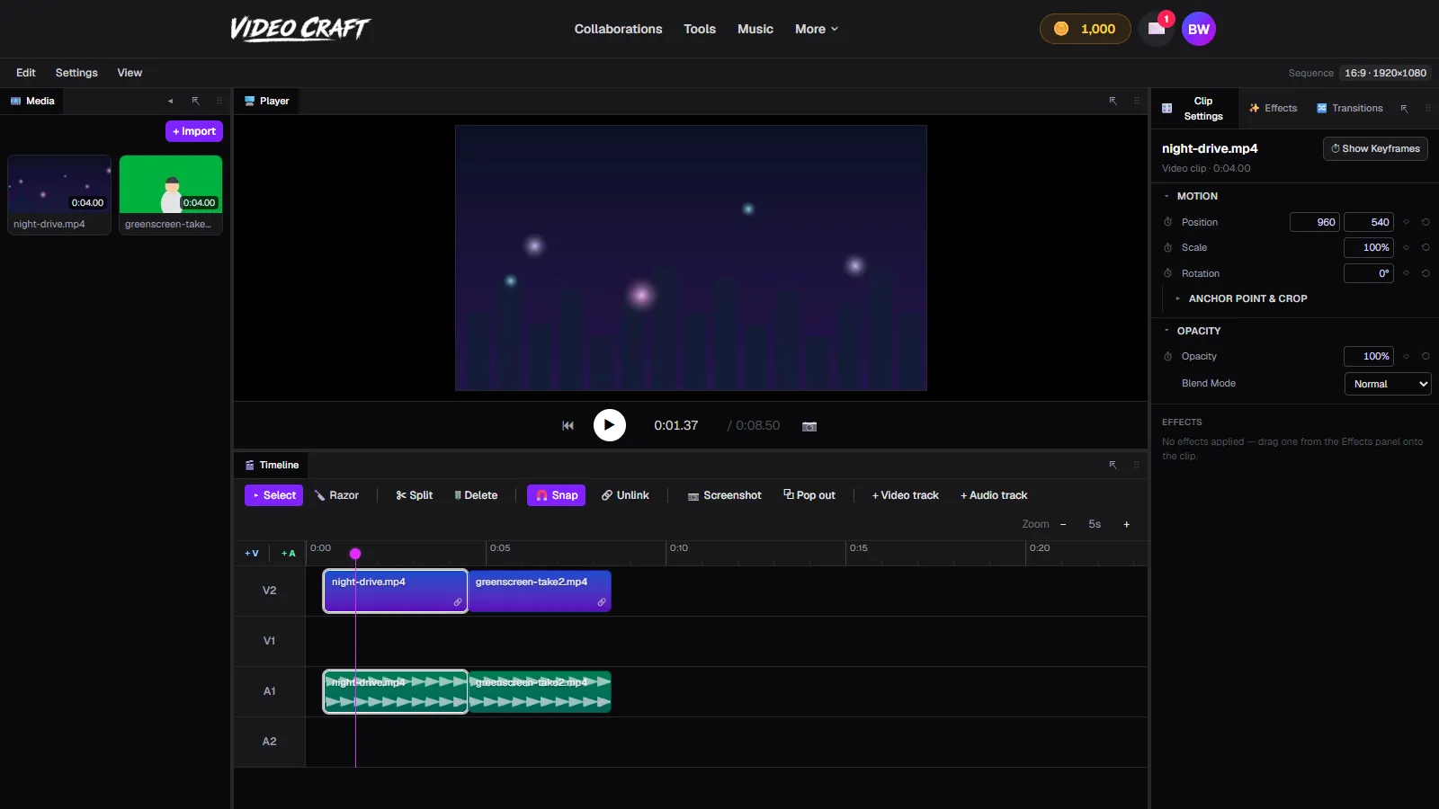 ClipCraft vs CapCut: the VideoCraft timeline with two clips on a video track, linked audio below, and the clip settings panel open on the right