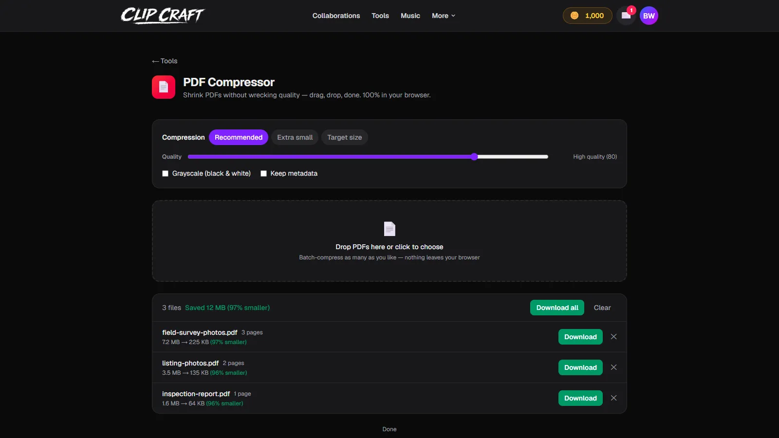 Three PDFs batch-compressed in the browser with a running total of 12 MB saved
