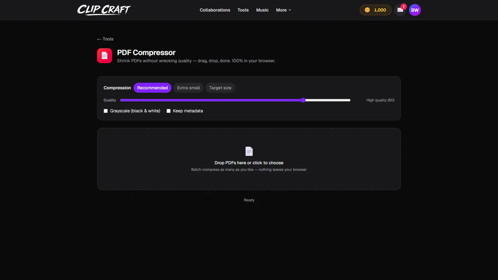 ClipCraft's free PDF Compressor tool with quality presets, grayscale option, and a drop zone