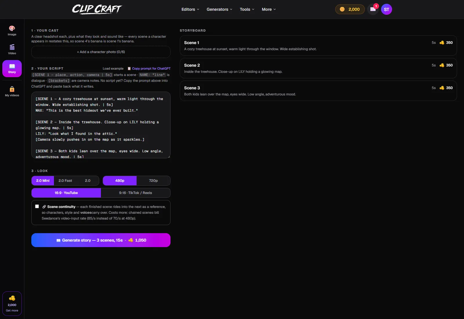 ClipCraft's Story Mode with a cast section, bracket script and storyboard, built for consistent characters in AI video
