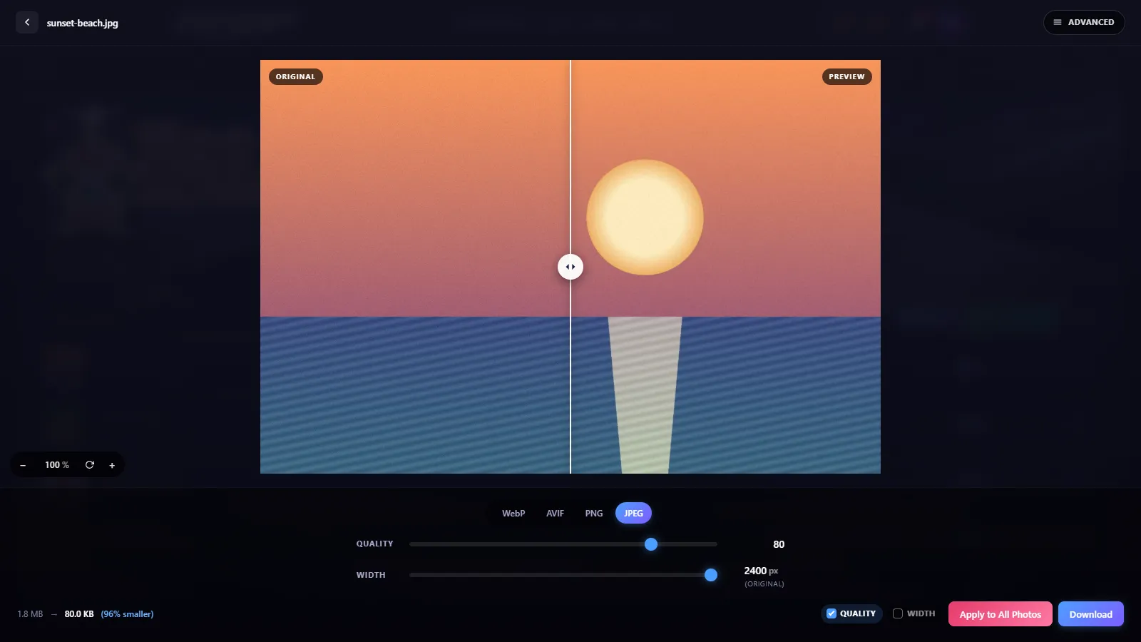 MooCrunch Custom view with a before/after slider comparing the original and compressed sunset photo, quality at 80