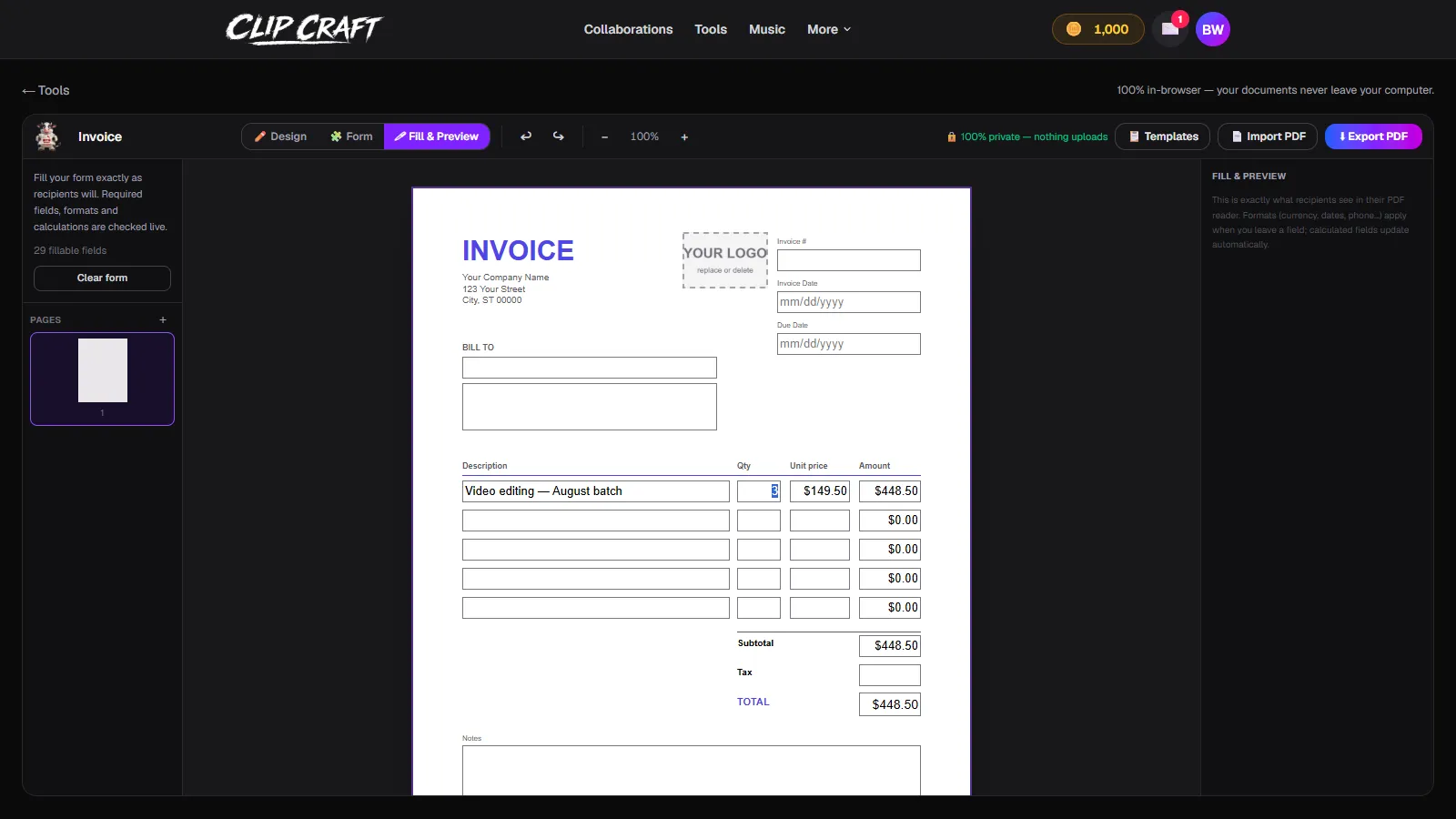 Fill and Preview mode with a line item typed in and the Amount, Subtotal, and Total calculated automatically