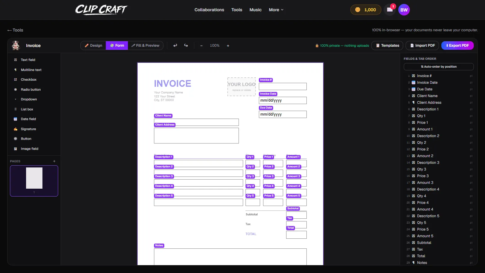 ClipCraft's PDF Creator in Form mode with an invoice template full of fillable AcroForm fields