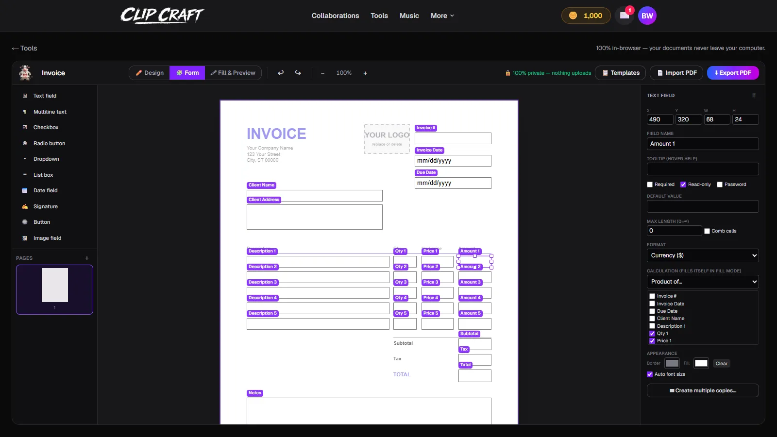 A selected Amount field with the properties panel showing currency format and a product calculation over Qty and Price