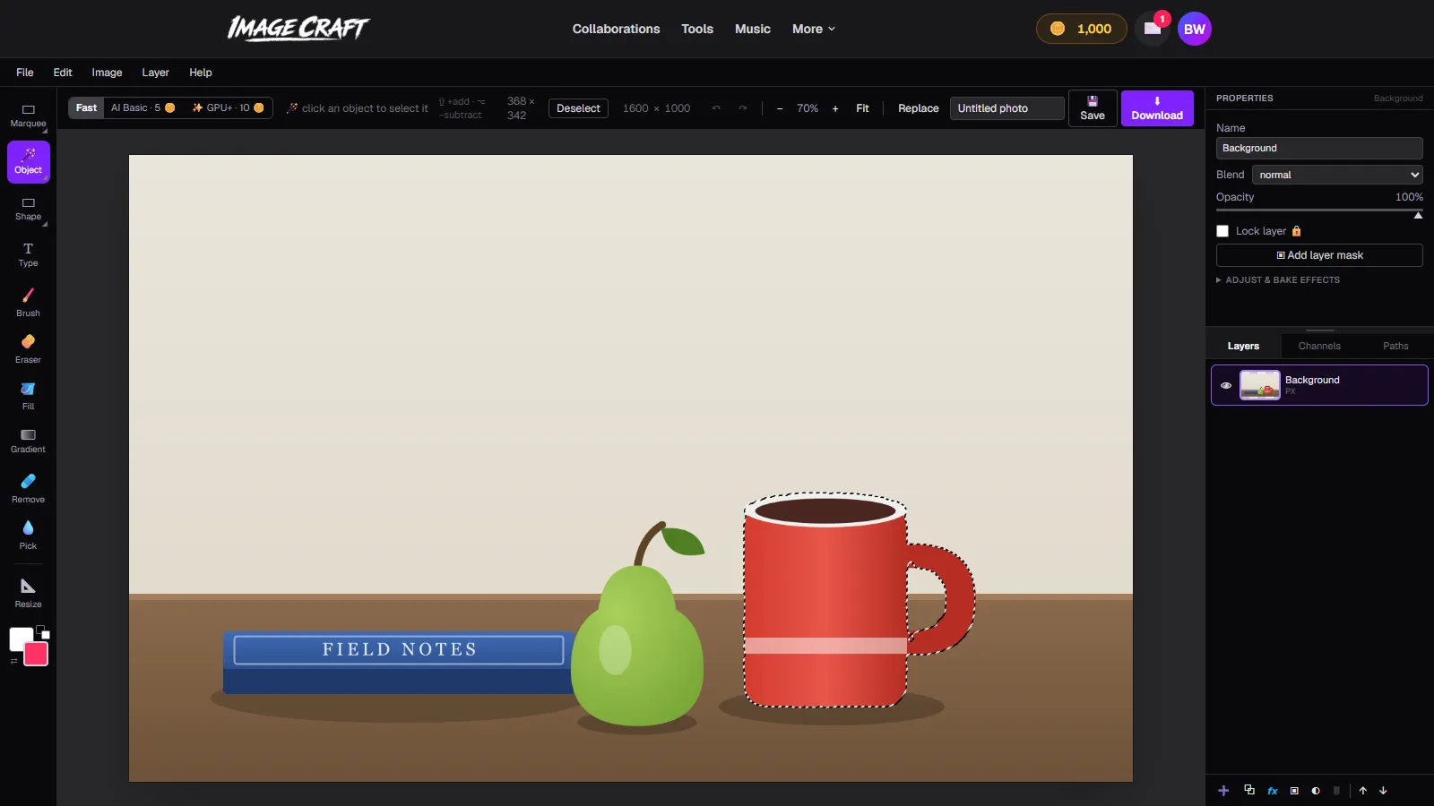 Marching ants selection around a red mug in ImageCraft after one click with the free Fast AI Select engine