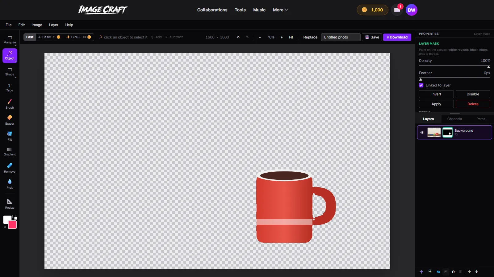 A red mug cut out of a photo in ImageCraft, isolated on a transparent checkerboard background with a layer mask